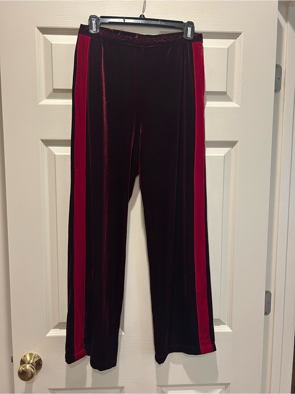 Velvet Track Pants with Contrast Side Stripe - Burgundy/Red